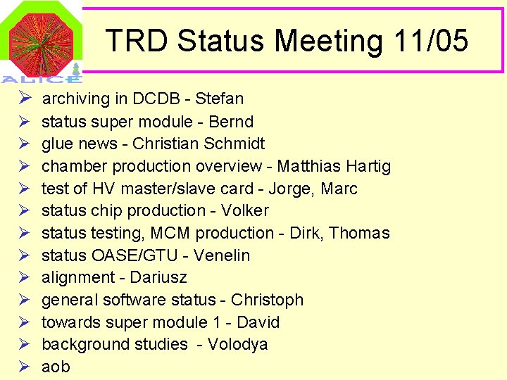 TRD Status Meeting 11/05 Ø archiving in DCDB - Stefan Ø Ø Ø status