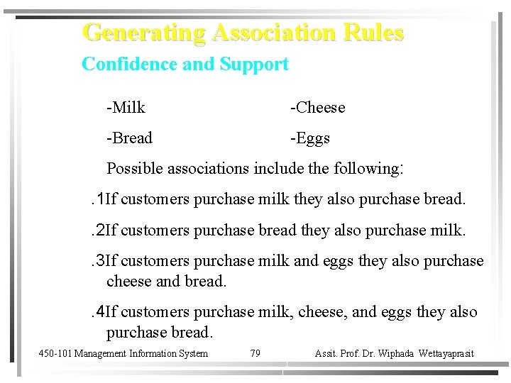 Generating Association Rules Confidence and Support -Milk -Cheese -Bread -Eggs Possible associations include the
