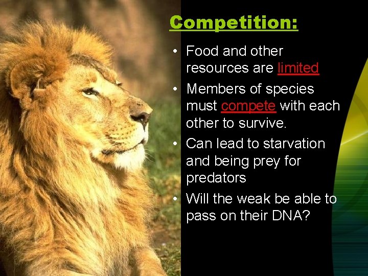 Competition: • Food and other resources are limited • Members of species must compete
