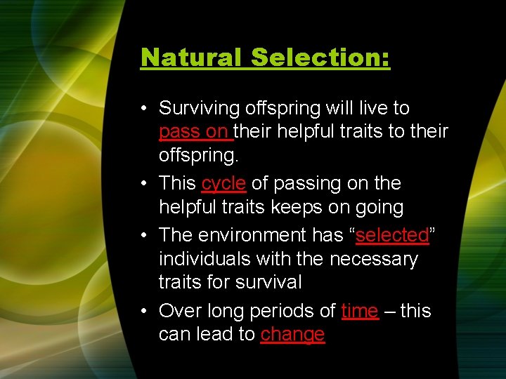 Natural Selection: • Surviving offspring will live to pass on their helpful traits to
