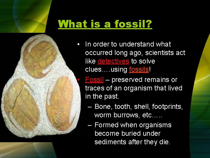 What is a fossil? • In order to understand what occurred long ago, scientists What is a fossil? • In order to understand what occurred long ago, scientists