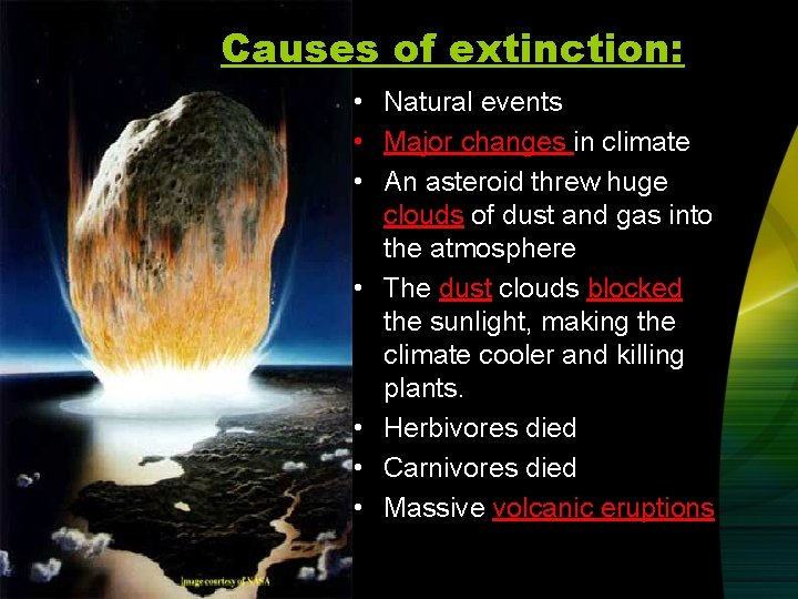 Causes of extinction: • Natural events • Major changes in climate • An asteroid