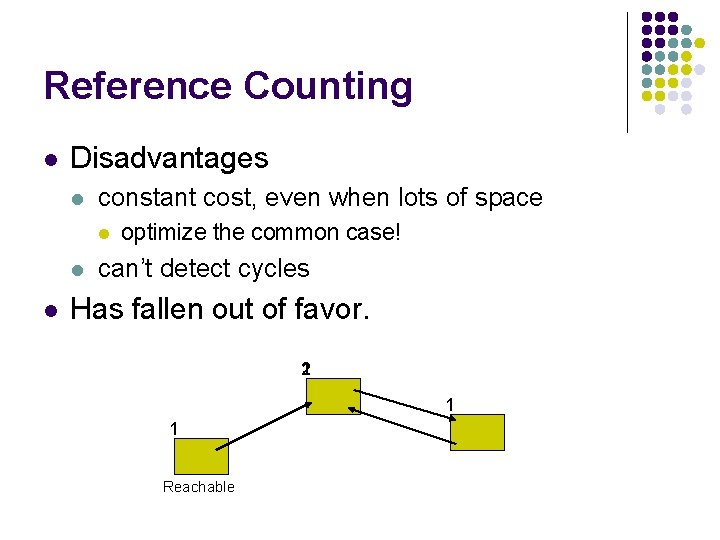 Reference Counting l Disadvantages l constant cost, even when lots of space l l