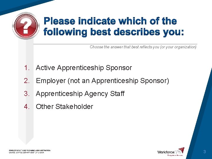 Choose the answer that best reflects you (or your organization) 1. Active Apprenticeship Sponsor
