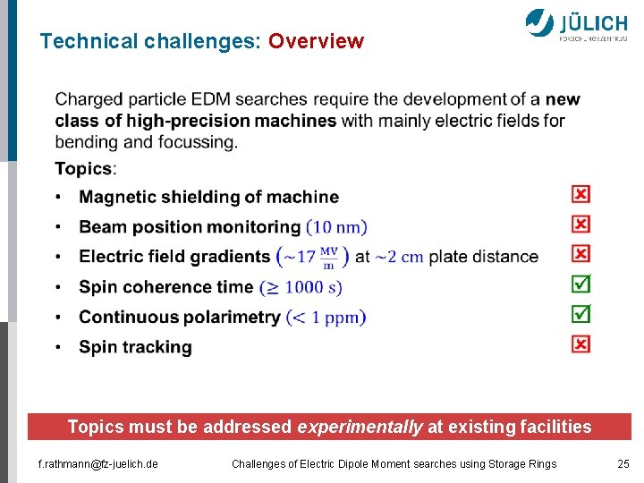 Technical challenges: Overview Topics must be addressed experimentally at existing facilities f. rathmann@fz-juelich. de