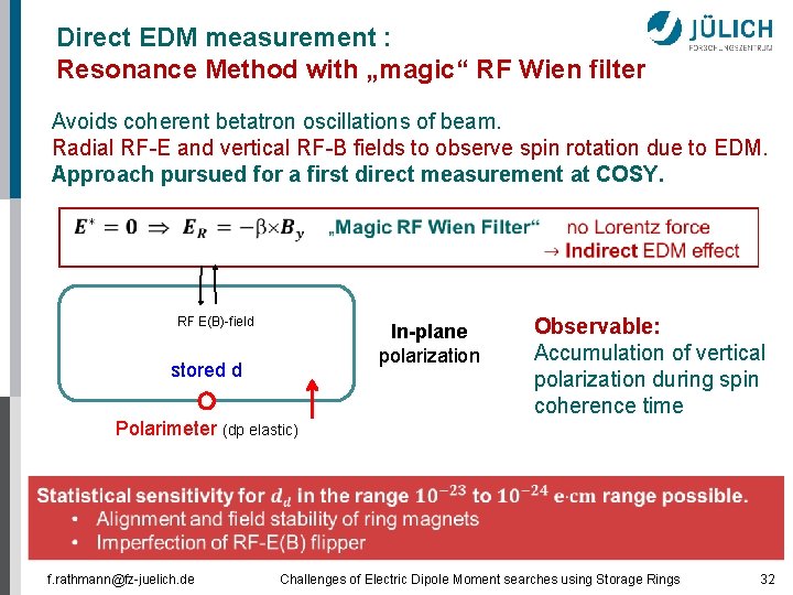 Direct EDM measurement : Resonance Method with „magic“ RF Wien filter Avoids coherent betatron