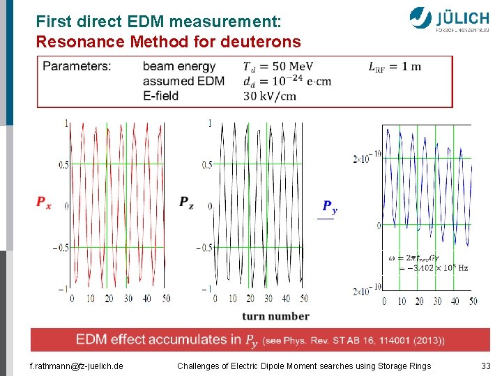 First direct EDM measurement: Resonance Method for deuterons f. rathmann@fz-juelich. de Challenges of Electric