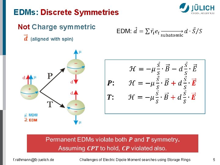 EDMs: Discrete Symmetries Not Charge symmetric f. rathmann@fz-juelich. de Challenges of Electric Dipole Moment