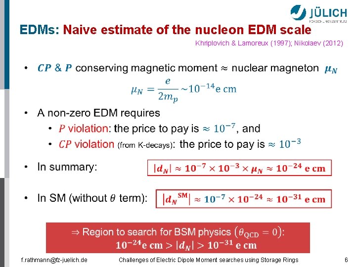 EDMs: Naive estimate of the nucleon EDM scale Khriplovich & Lamoreux (1997); Nikolaev (2012)