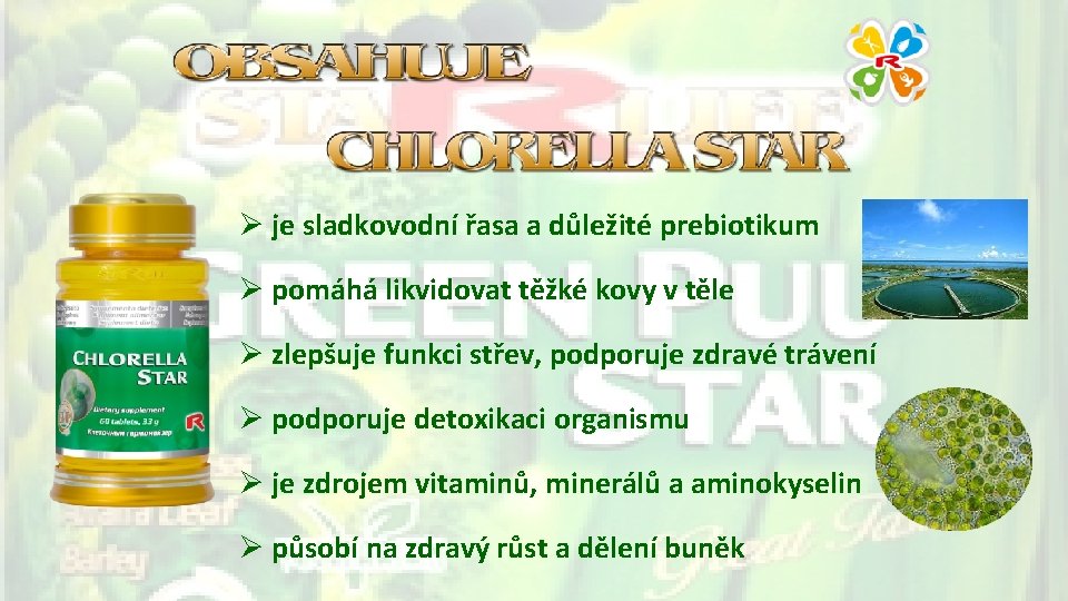 Ø je sladkovodní řasa a důležité prebiotikum Ø pomáhá likvidovat těžké kovy v těle