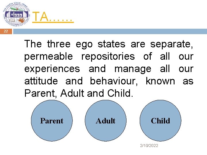 TA…… 22 The three ego states are separate, permeable repositories of all our experiences