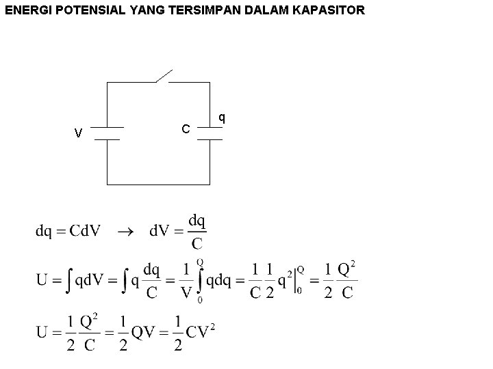 ENERGI POTENSIAL YANG TERSIMPAN DALAM KAPASITOR V C q 