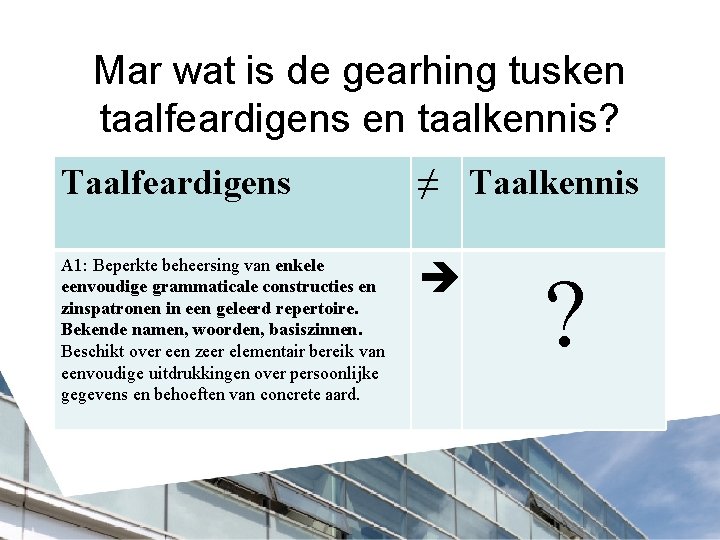 Mar wat is de gearhing tusken taalfeardigens en taalkennis? Taalfeardigens ≠ Taalkennis A 1: