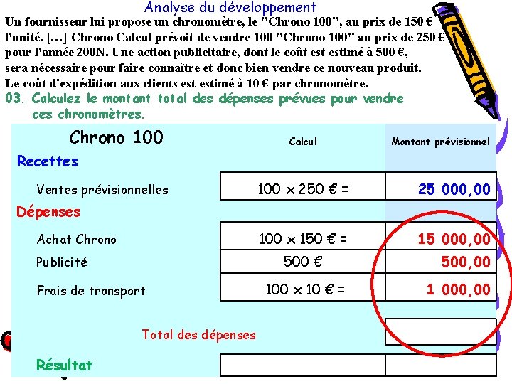 Analyse du développement Un fournisseur lui propose un chronomètre, le "Chrono 100", au prix