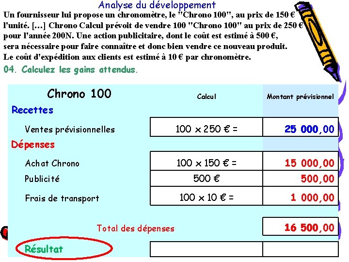 Analyse du développement Un fournisseur lui propose un chronomètre, le "Chrono 100", au prix