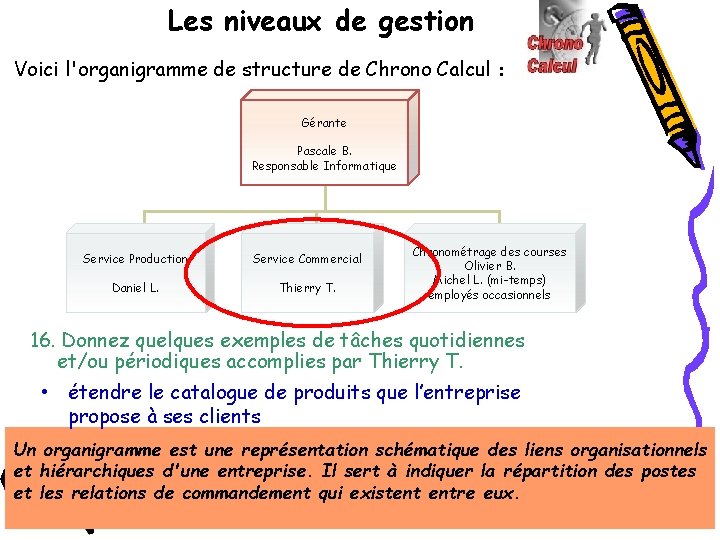 Les niveaux de gestion Voici l'organigramme de structure de Chrono Calcul : Gérante Pascale