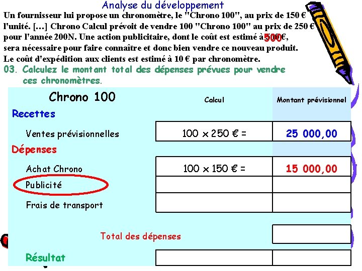 Analyse du développement Un fournisseur lui propose un chronomètre, le "Chrono 100", au prix