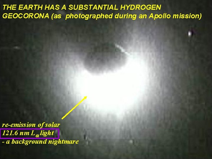 THE EARTH HAS A SUBSTANTIAL HYDROGEN GEOCORONA (as photographed during an Apollo mission) re-emission