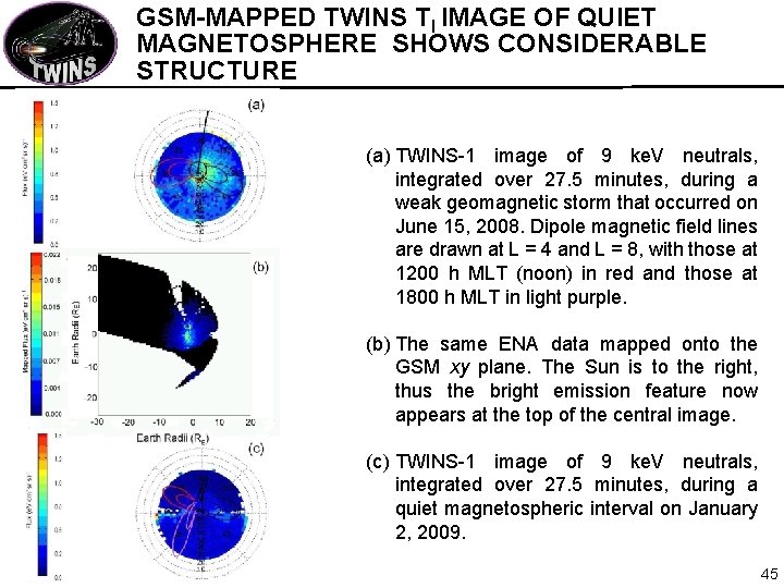 GSM-MAPPED TWINS TI IMAGE OF QUIET MAGNETOSPHERE SHOWS CONSIDERABLE STRUCTURE (a) TWINS-1 image of