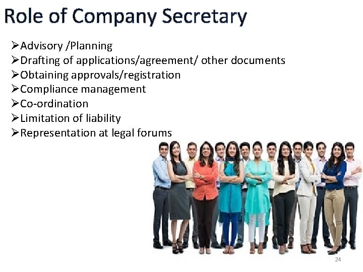 Role of Company Secretary ØAdvisory /Planning ØDrafting of applications/agreement/ other documents ØObtaining approvals/registration ØCompliance