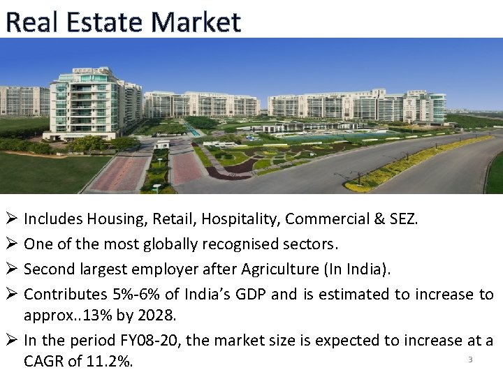 Real Estate Market Ø Includes Housing, Retail, Hospitality, Commercial & SEZ. Ø One of