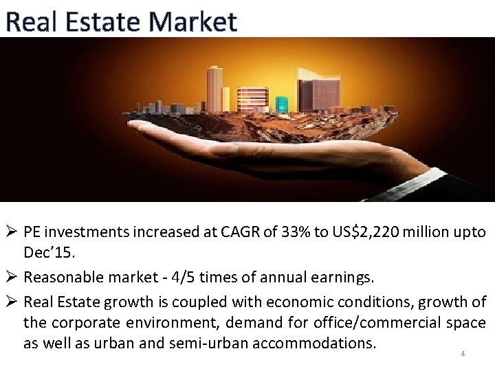 Real Estate Market Ø PE investments increased at CAGR of 33% to US$2, 220