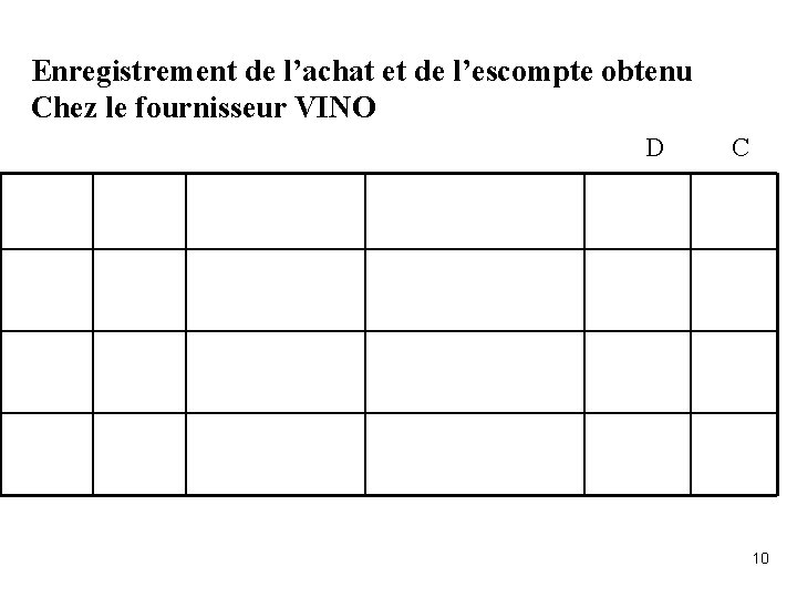 Enregistrement de l’achat et de l’escompte obtenu Chez le fournisseur VINO D C 10