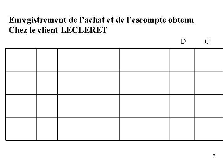 Enregistrement de l’achat et de l’escompte obtenu Chez le client LECLERET D C 9