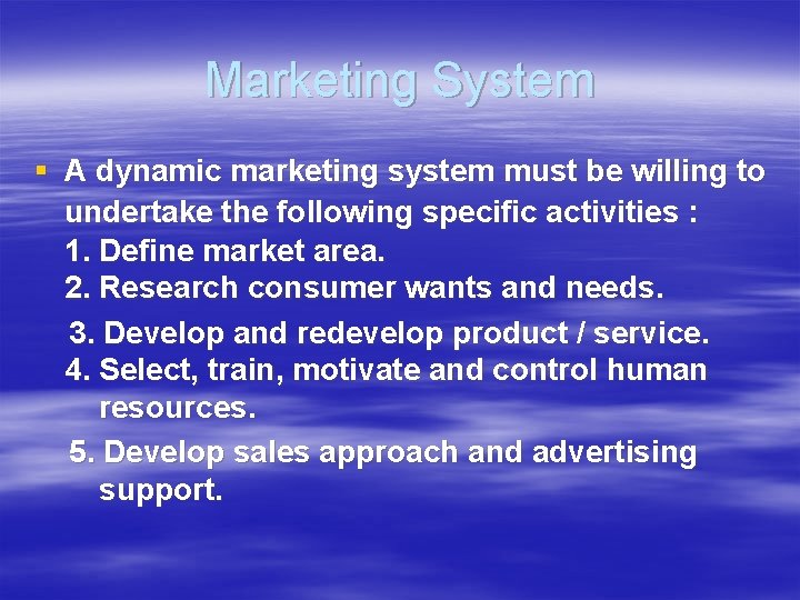 Marketing System § A dynamic marketing system must be willing to undertake the following