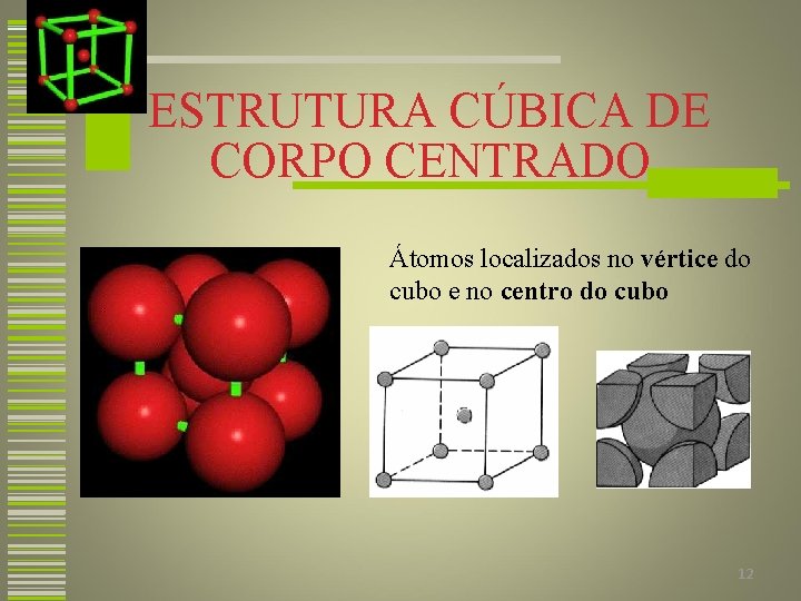 ESTRUTURA CÚBICA DE CORPO CENTRADO Átomos localizados no vértice do cubo e no centro