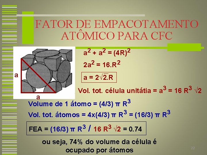 FATOR DE EMPACOTAMENTO ATÔMICO PARA CFC a 2 + a 2 = (4 R)2