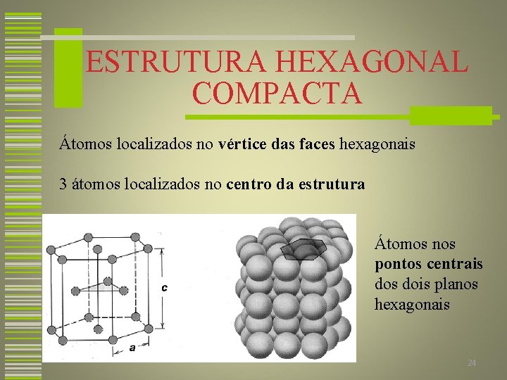 ESTRUTURA HEXAGONAL COMPACTA Átomos localizados no vértice das faces hexagonais 3 átomos localizados no