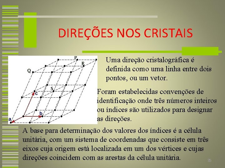 DIREÇÕES NOS CRISTAIS Uma direção cristalográfica é definida como uma linha entre dois pontos,