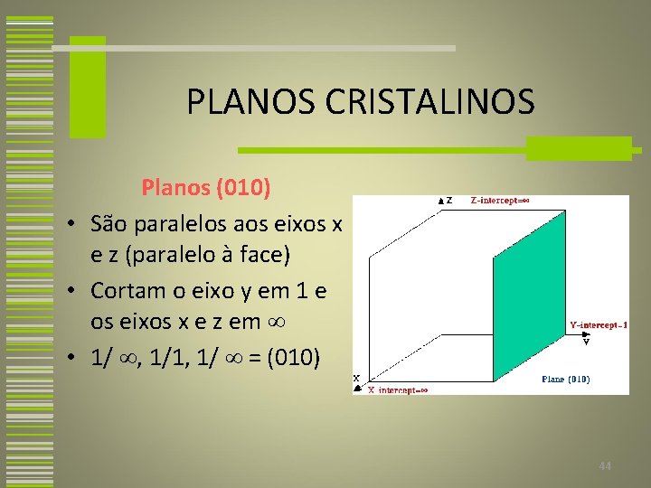 PLANOS CRISTALINOS Planos (010) • São paralelos aos eixos x e z (paralelo à