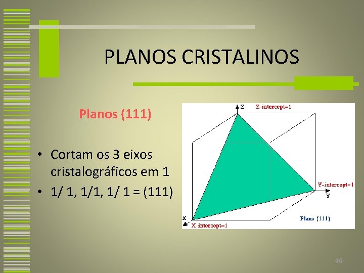 PLANOS CRISTALINOS Planos (111) • Cortam os 3 eixos cristalográficos em 1 • 1/