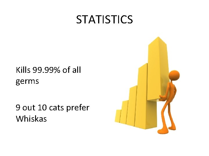 STATISTICS Kills 99. 99% of all germs 9 out 10 cats prefer Whiskas 