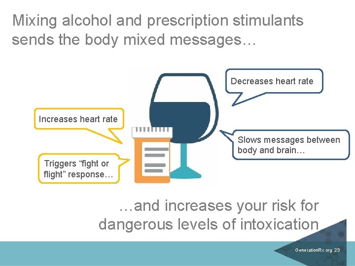 Mixing alcohol and prescription stimulants sends the body mixed messages… Decreases heart rate Increases