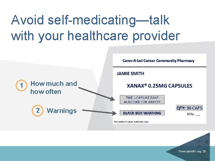 Avoid self-medicating—talk with your healthcare provider 1 How much and how often 2 Warnings