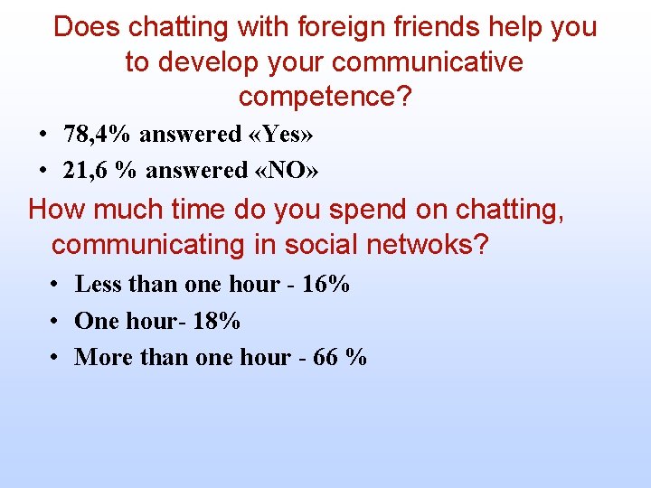 Does chatting with foreign friends help you to develop your communicative competence? • 78,