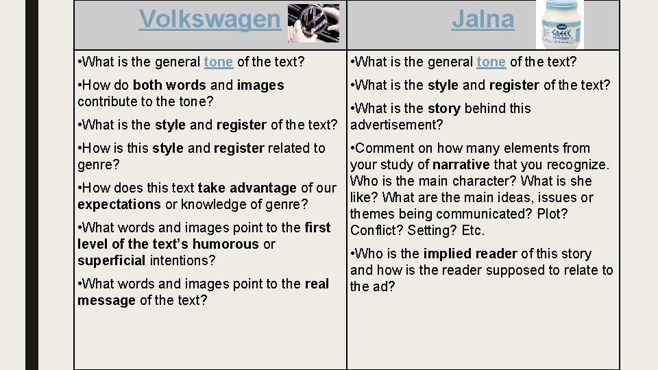 Volkswagen Jalna • What is the general tone of the text? • How do