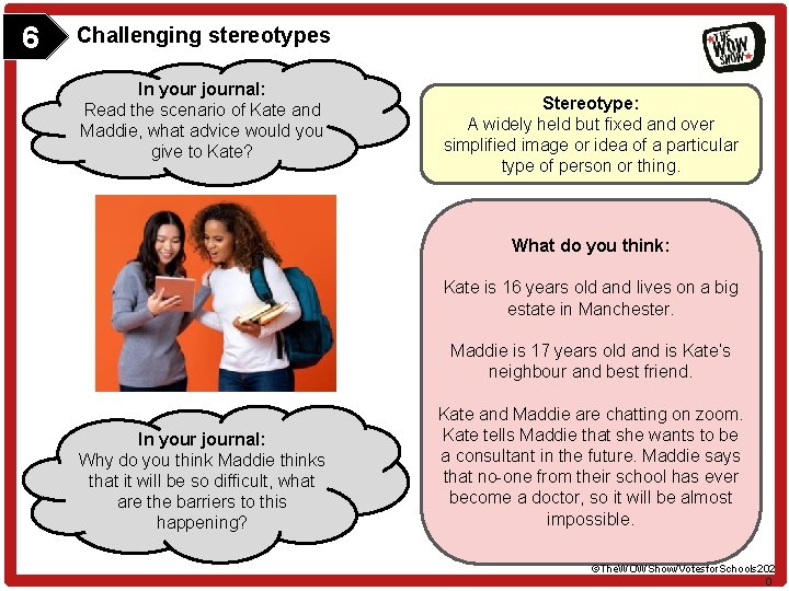 6 Challenging stereotypes In your journal: Read the scenario of Kate and Maddie, what