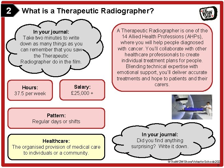 2 What is a Therapeutic Radiographer? In your journal: Take two minutes to write