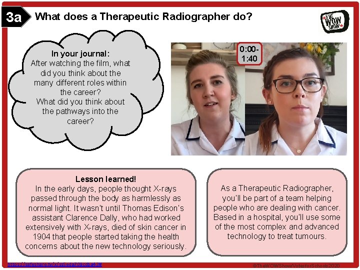 3 a What does a Therapeutic Radiographer do? In your journal: After watching the