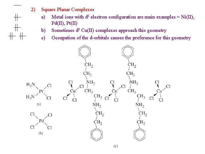 2) Square Planar Complexes a) Metal ions with d 8 electron configuration are main