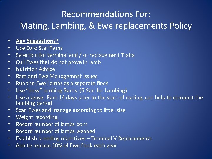Recommendations For: Mating. Lambing, & Ewe replacements Policy • • • • Any Suggestions?