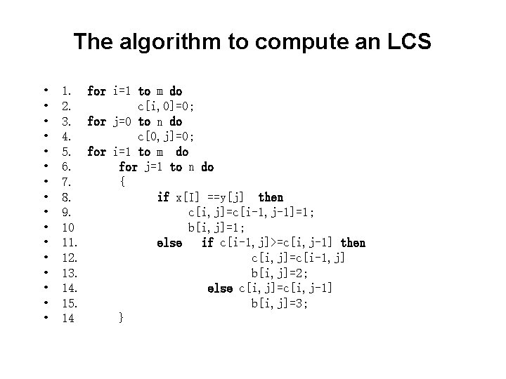 The algorithm to compute an LCS • • • • 1. for i=1 to