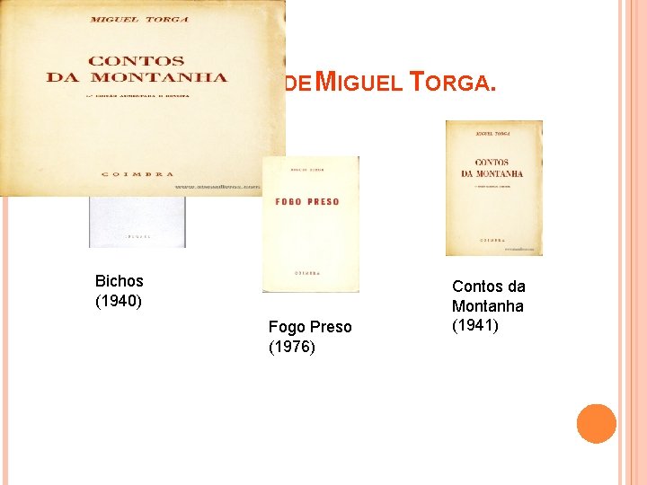 ALGUMA OBRAS DE MIGUEL TORGA. Bichos (1940) Fogo Preso (1976) Contos da Montanha (1941)
