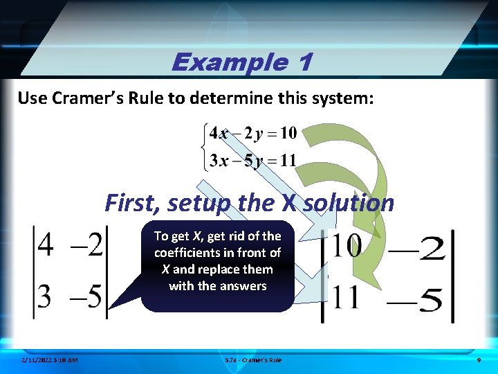 Example 1 Use Cramer’s Rule to determine this system: First, setup the X solution