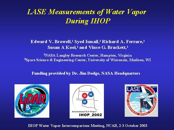 LASE Measurements of Water Vapor During IHOP Edward V. Browell, 1 Syed Ismail, 1