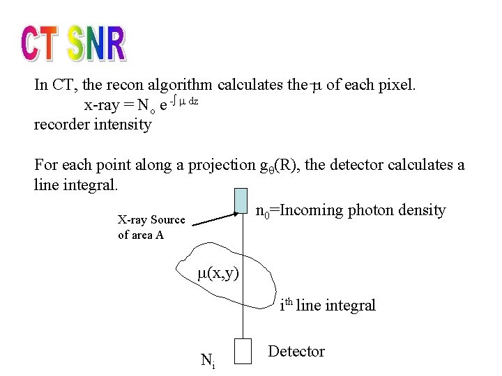 In CT, the recon algorithm calculates the of each pixel. x-ray = No e